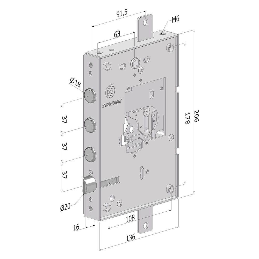 SERRATURA DA APPLICARE TRIPLICE PER PORTE BLINDATE SENZA NUCLEO 250 interasse pistoni 28 mm - SX