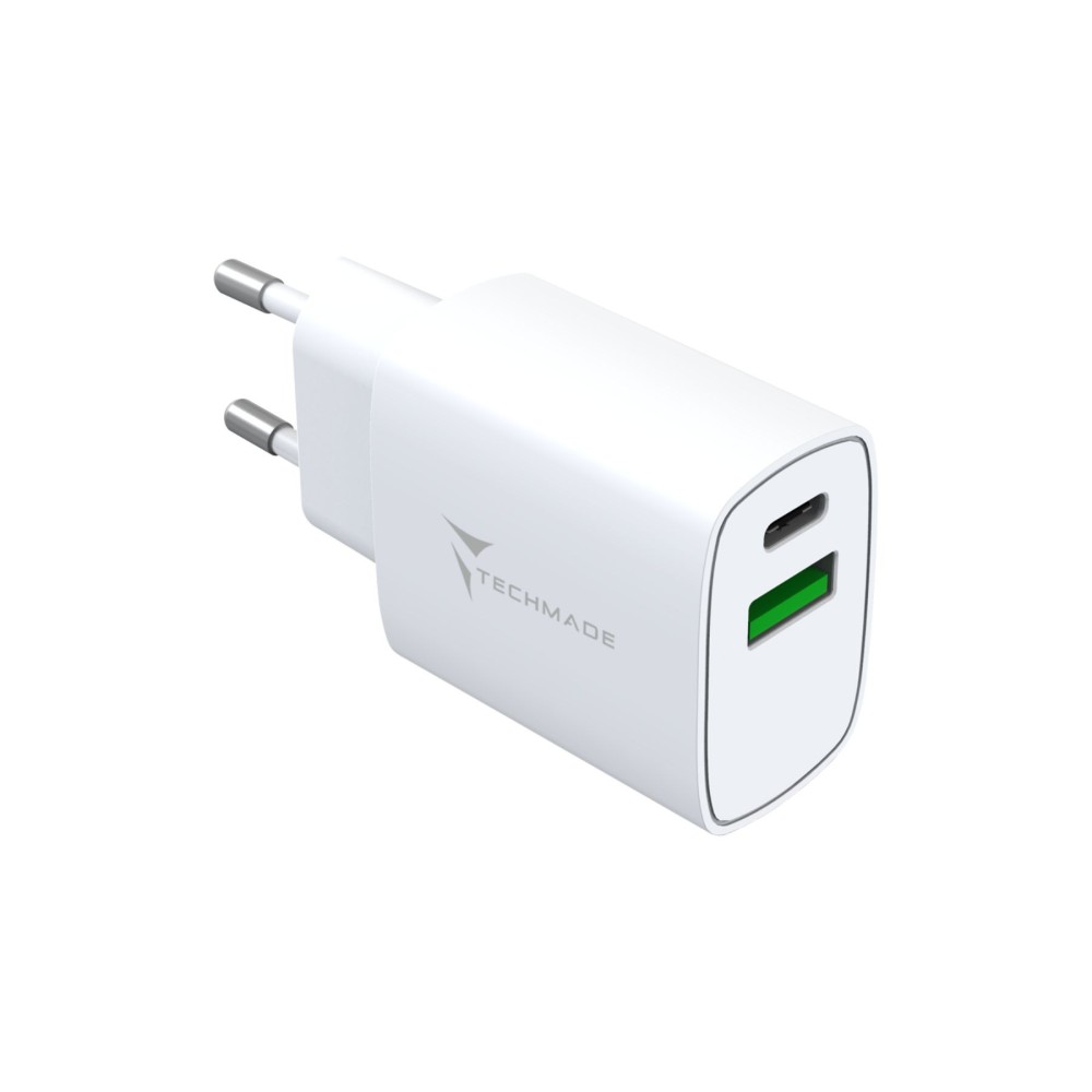 CARICABATTERIA DA RETE FAST CHARGE USB-C  USB-A 20W TECHMADE FAST CHARGE TM-389