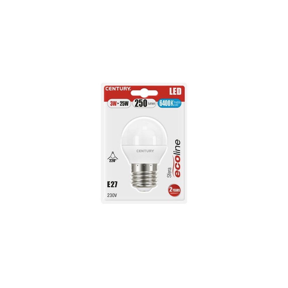 Lampadina LED sfera 3W E27 luce fredda 250 lumen Century